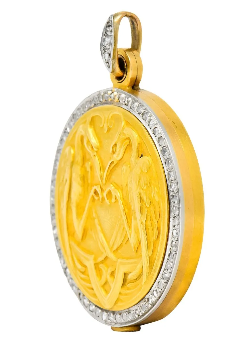French Belle Epoque Diamond Platinum 18 Karat Gold Heron Compact Edwardian Pendant