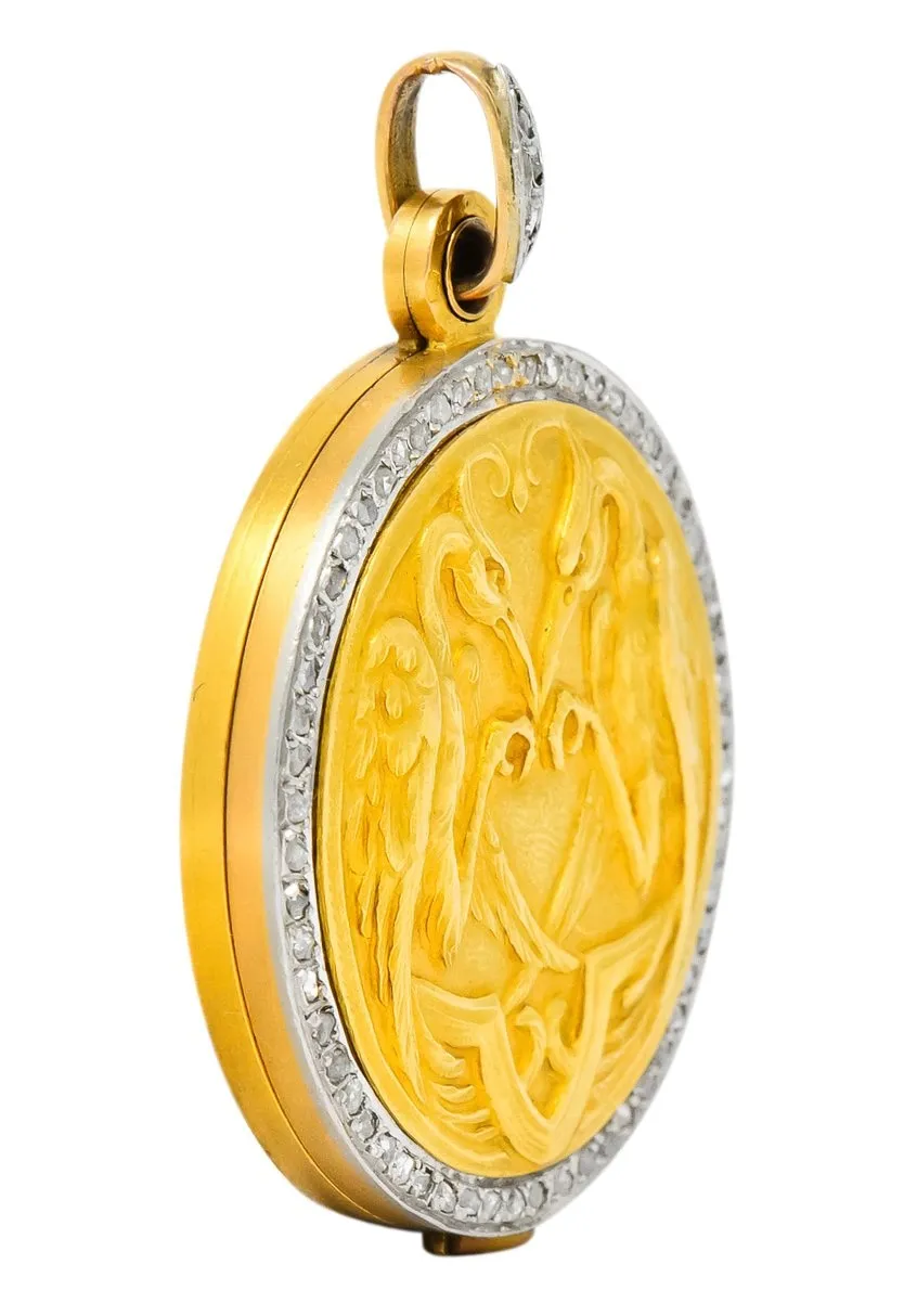French Belle Epoque Diamond Platinum 18 Karat Gold Heron Compact Edwardian Pendant