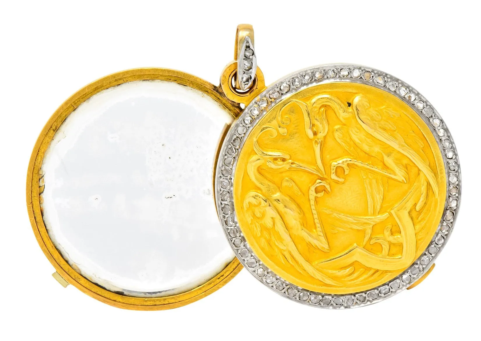 French Belle Epoque Diamond Platinum 18 Karat Gold Heron Compact Edwardian Pendant