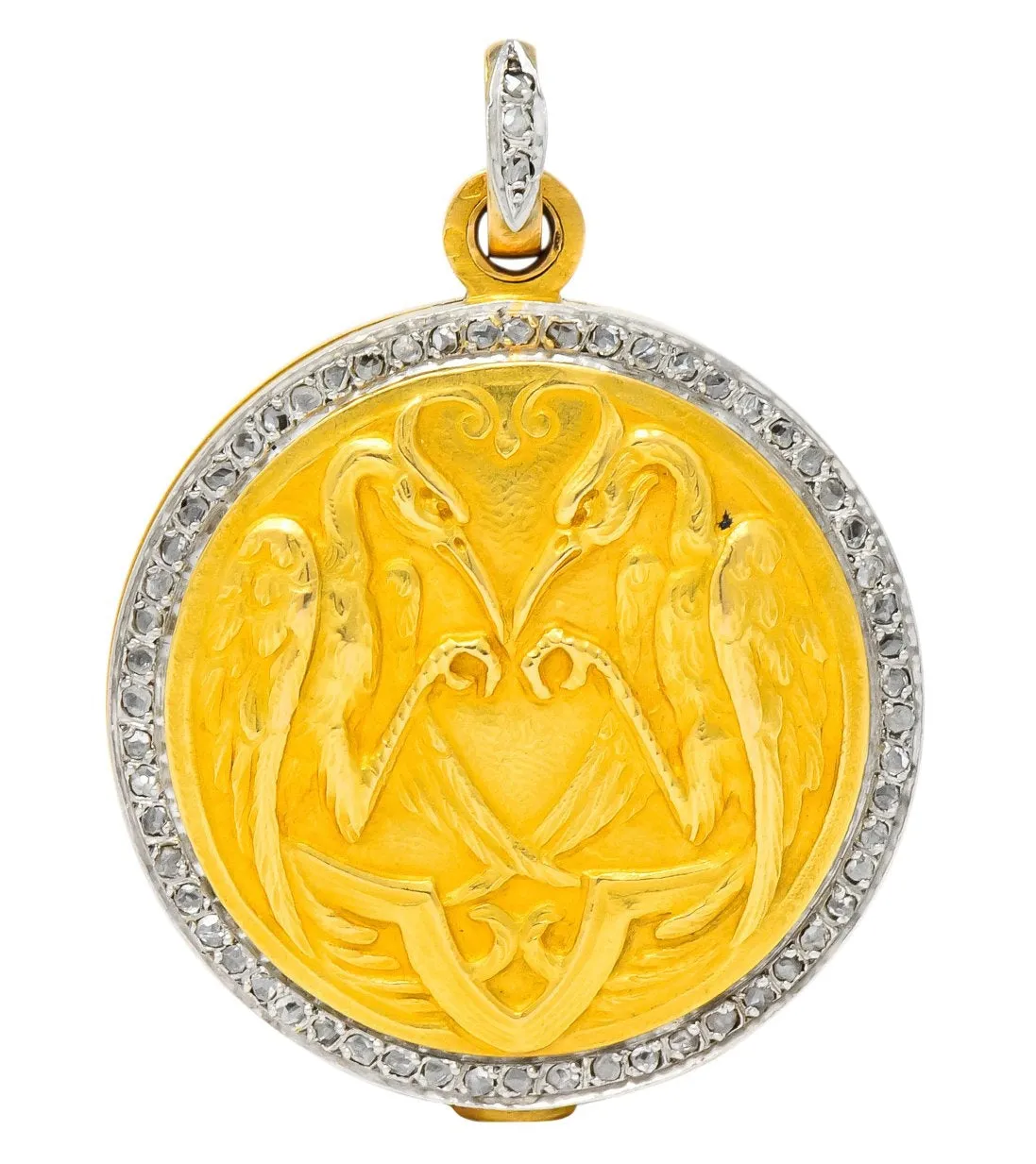 French Belle Epoque Diamond Platinum 18 Karat Gold Heron Compact Edwardian Pendant