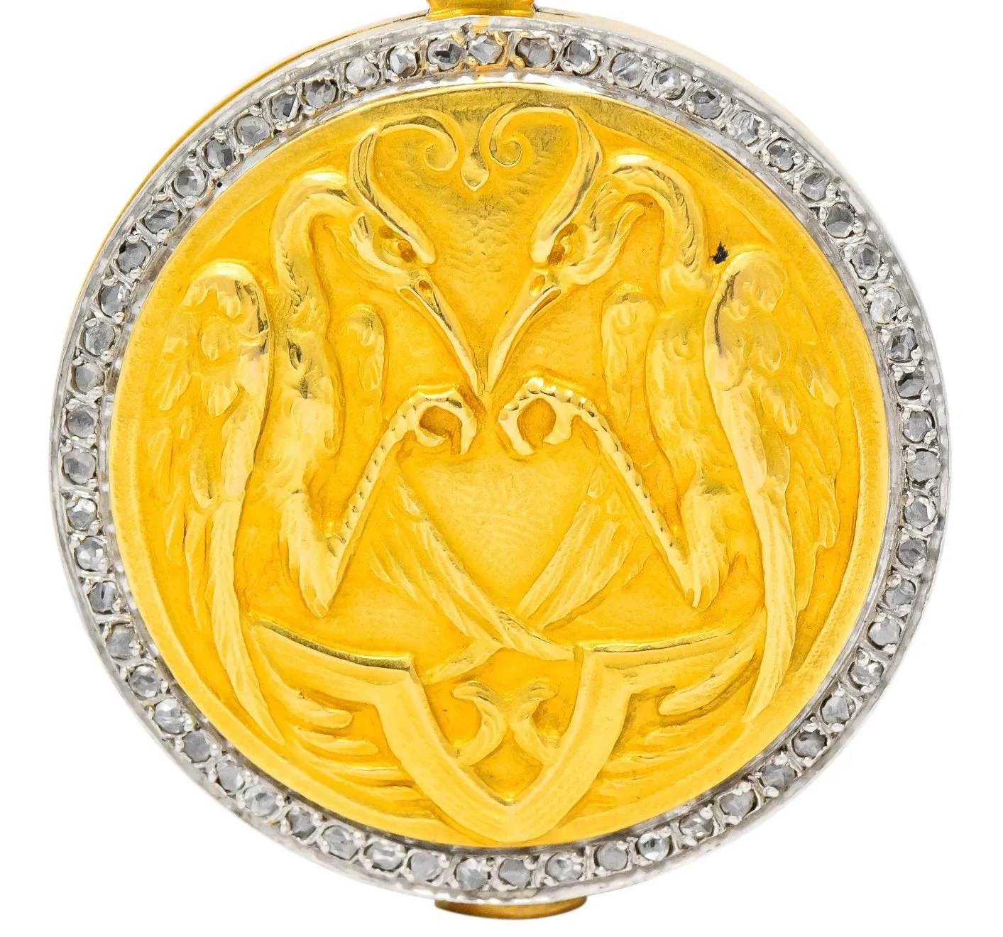 French Belle Epoque Diamond Platinum 18 Karat Gold Heron Compact Edwardian Pendant