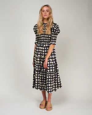 ginger gingham puff slv smocked dress - charcoal
