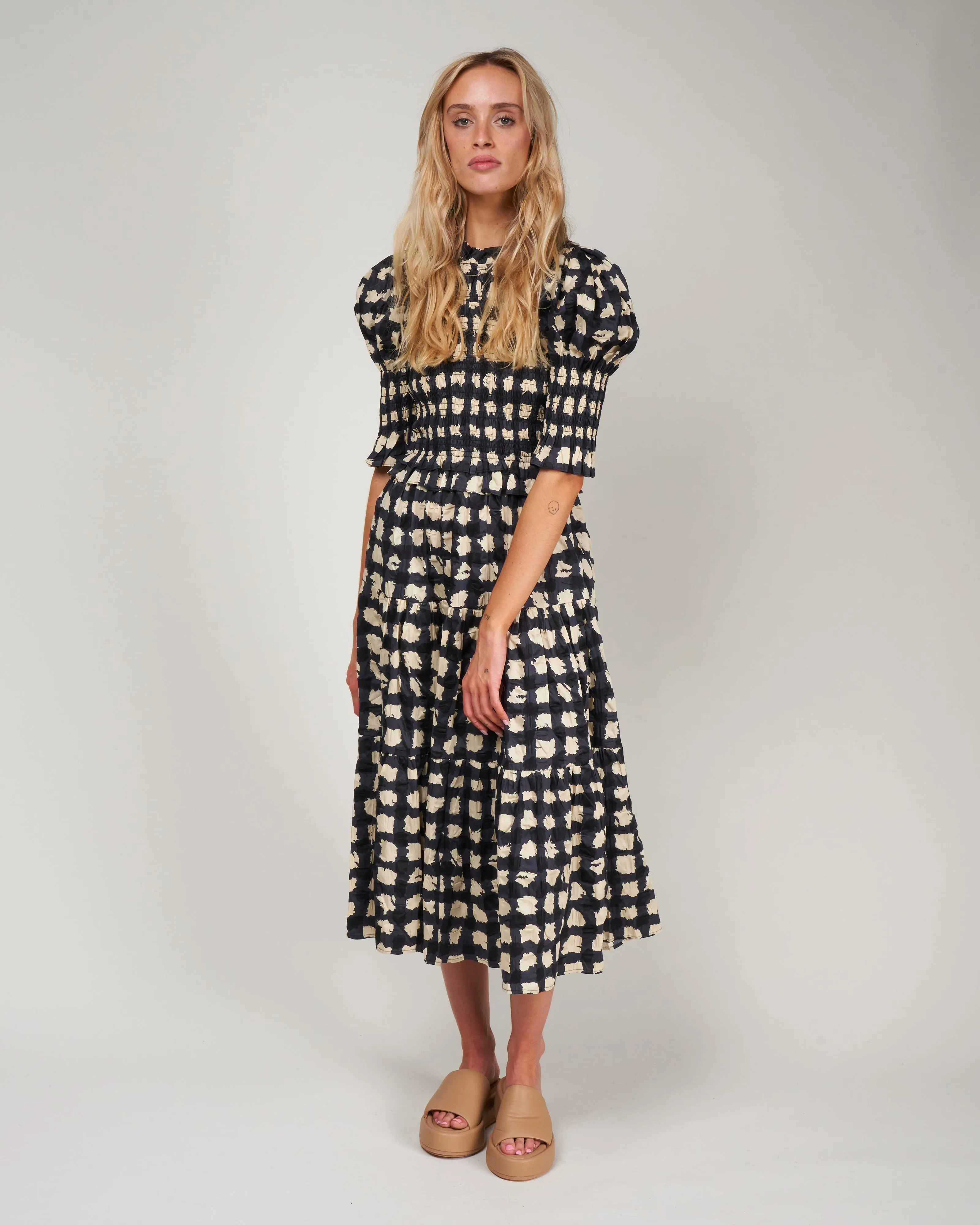 ginger gingham puff slv smocked dress - charcoal