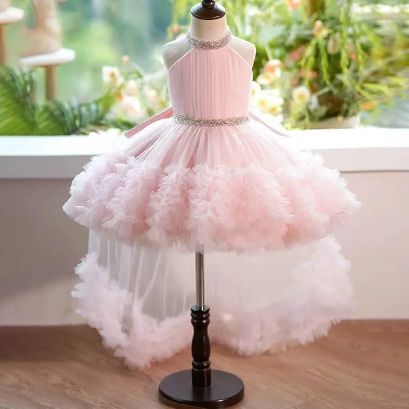 Girls' fashionable halter neck princess dress with tail birthday party catwalk evening dress
