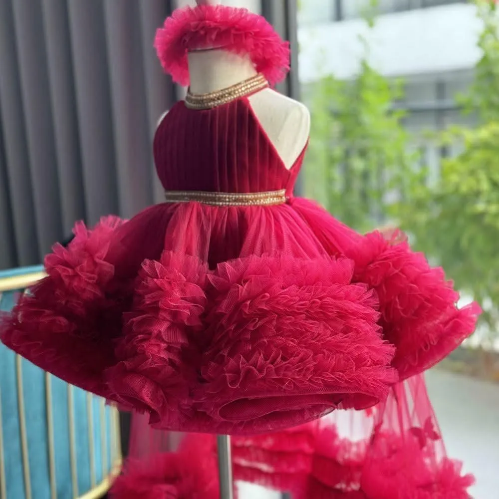 Girls' fashionable halter neck princess dress with tail birthday party catwalk evening dress