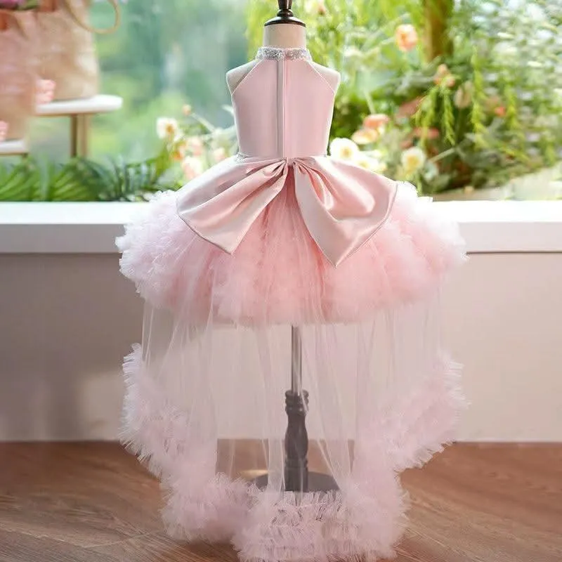 Girls' fashionable halter neck princess dress with tail birthday party catwalk evening dress