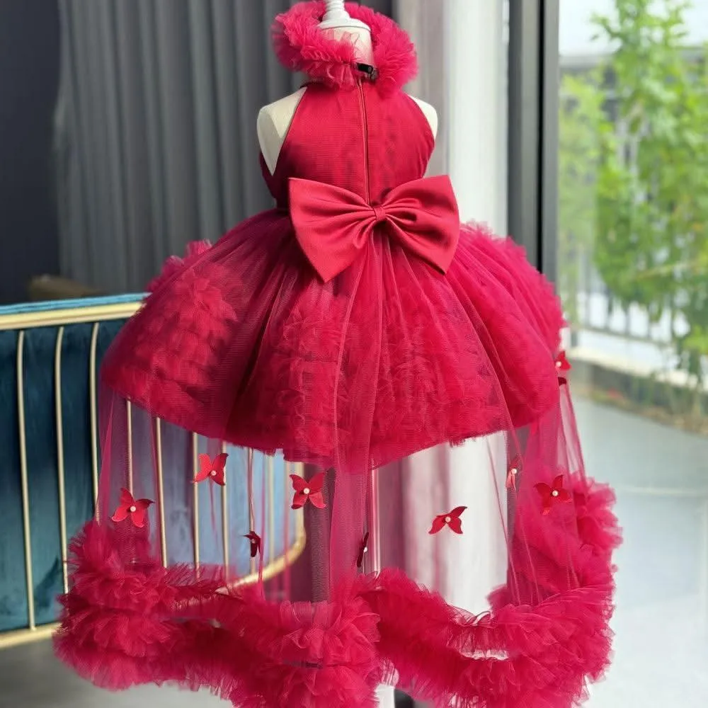 Girls' fashionable halter neck princess dress with tail birthday party catwalk evening dress