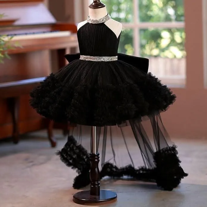 Girls' fashionable halter neck princess dress with tail birthday party catwalk evening dress