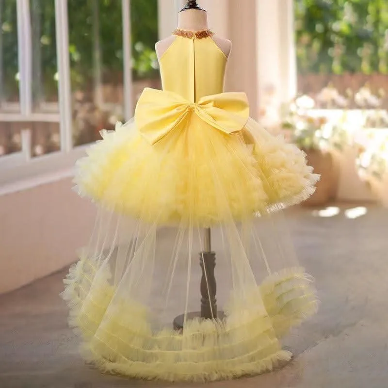 Girls' fashionable halter neck princess dress with tail birthday party catwalk evening dress