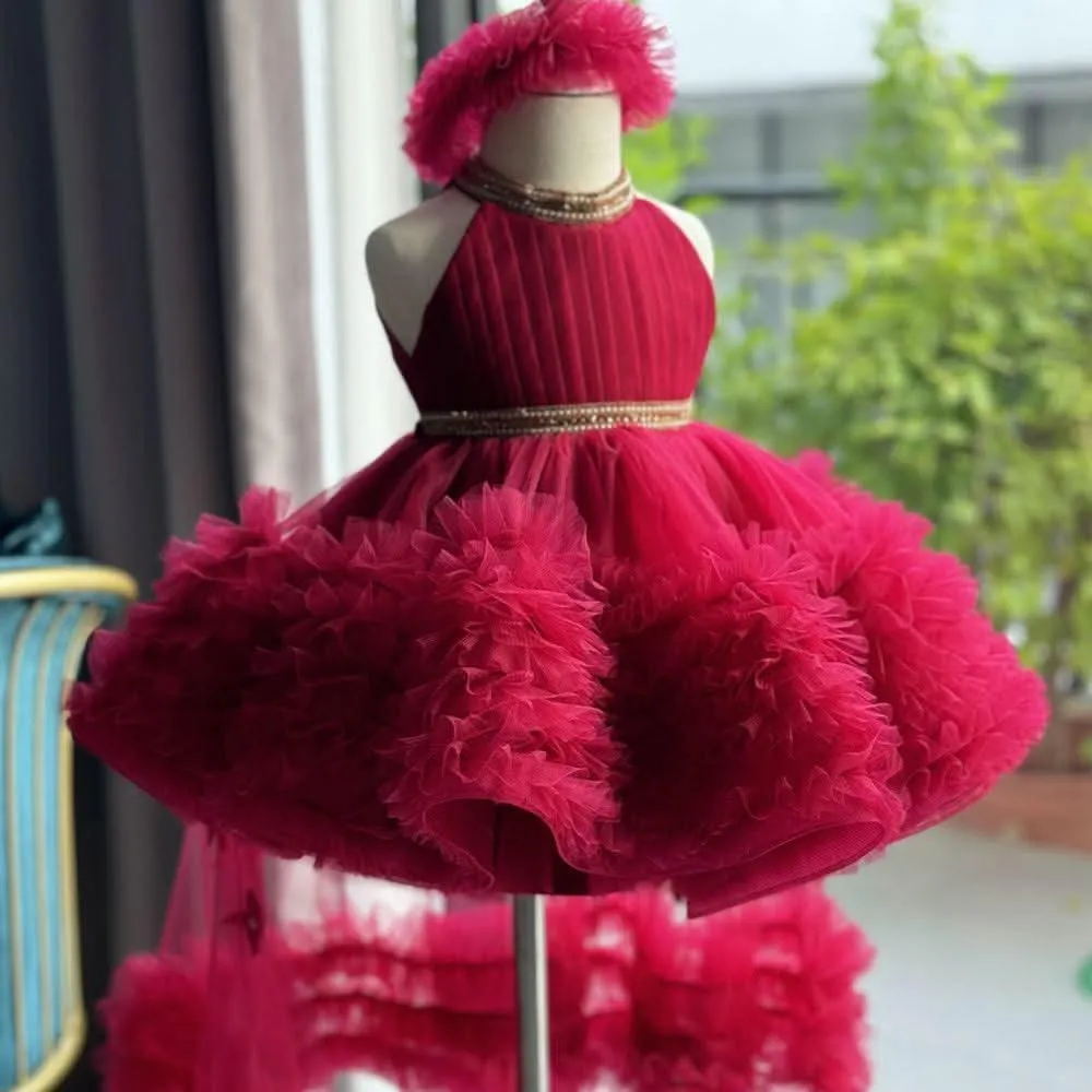 Girls' fashionable halter neck princess dress with tail birthday party catwalk evening dress