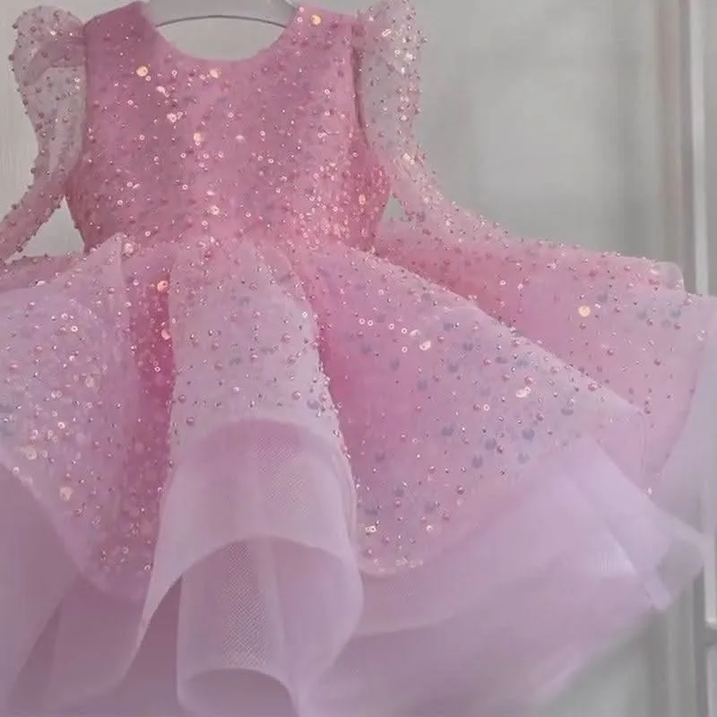 Glittering Pink Princess Dress Versatile Sequined Dress Exquisite Gown Designed for Little Girls