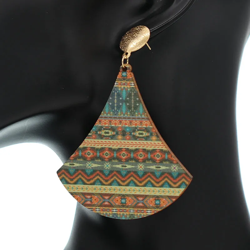 Green Boho Chic Wavy Pattern Wooden Earrings