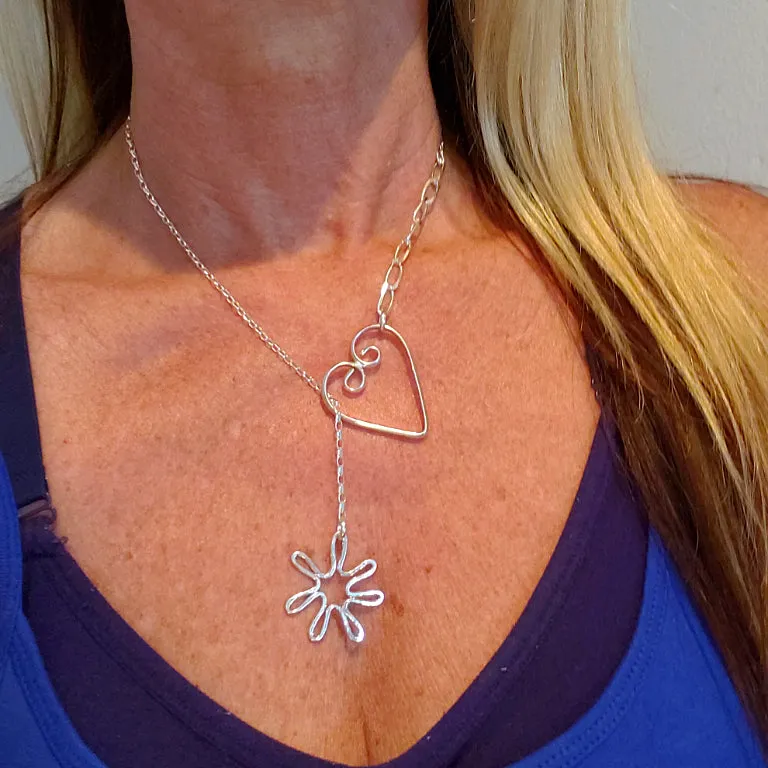 Handmade Sterling Silver Heart-Star Lariat Necklace – Boho Chic Pendant