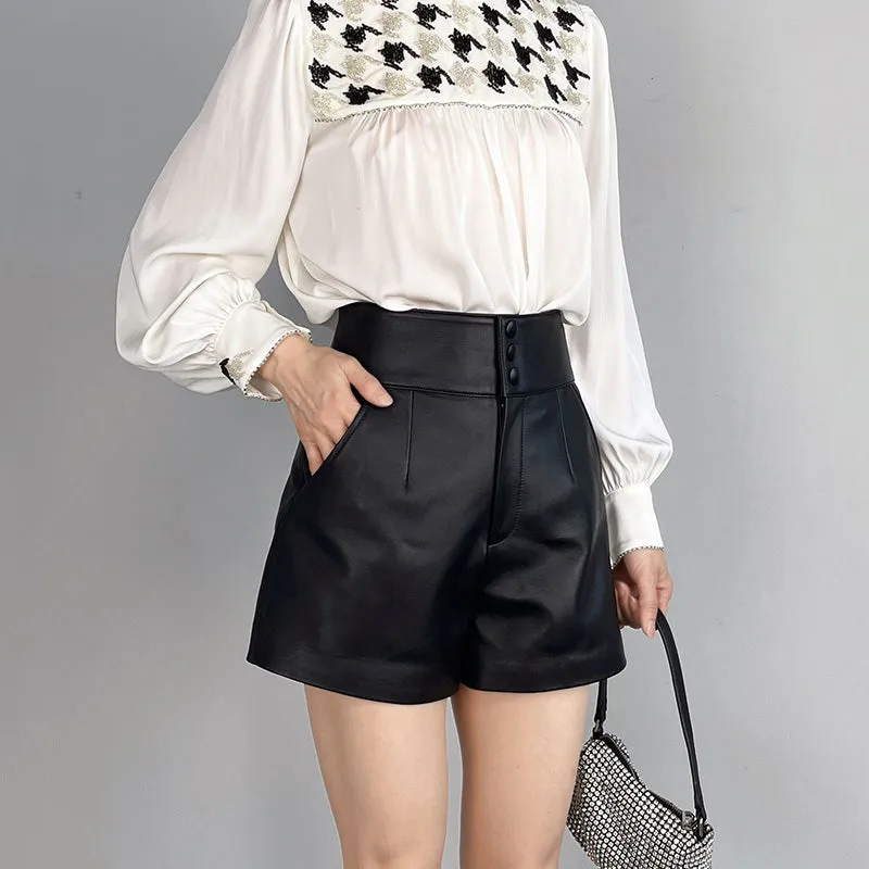 High Waist Leather Shorts Women's Genuine Sheepskin Pants Snap Three Button Design 2022 Autumn Winter New TF4794