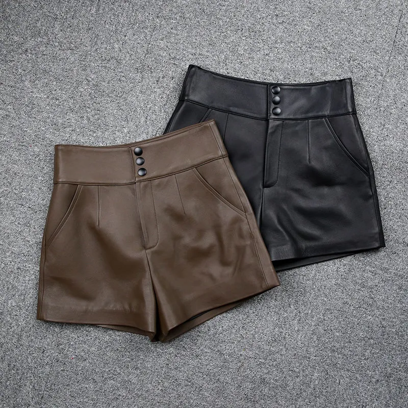 High Waist Leather Shorts Women's Genuine Sheepskin Pants Snap Three Button Design 2022 Autumn Winter New TF4794