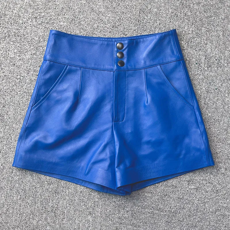 High Waist Leather Shorts Women's Genuine Sheepskin Pants Snap Three Button Design 2022 Autumn Winter New TF4794