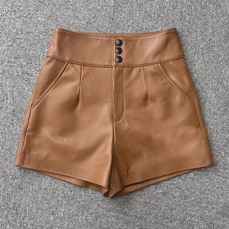 High Waist Leather Shorts Women's Genuine Sheepskin Pants Snap Three Button Design 2022 Autumn Winter New TF4794