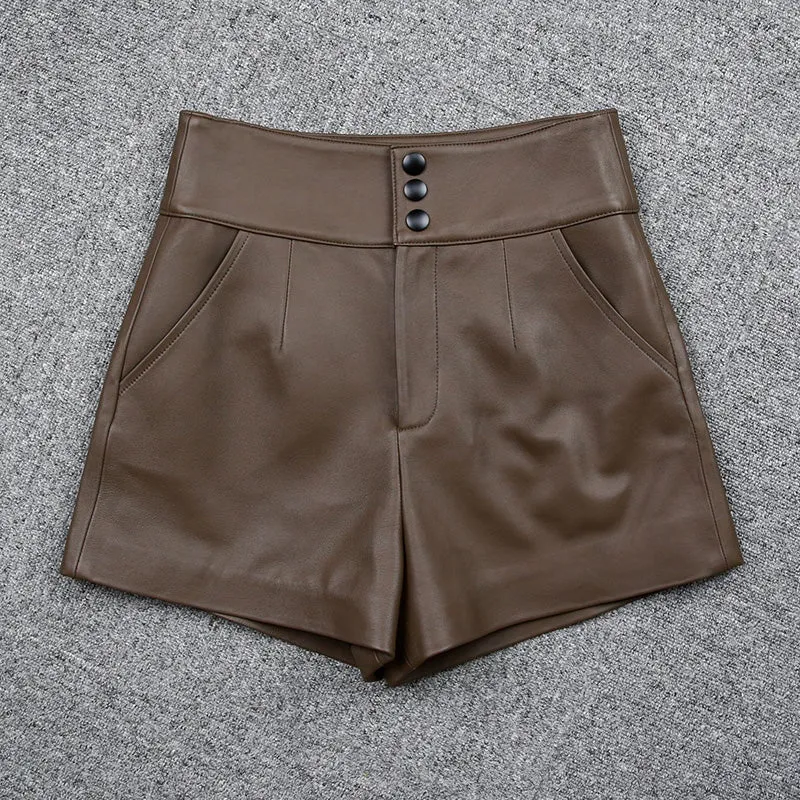 High Waist Leather Shorts Women's Genuine Sheepskin Pants Snap Three Button Design 2022 Autumn Winter New TF4794