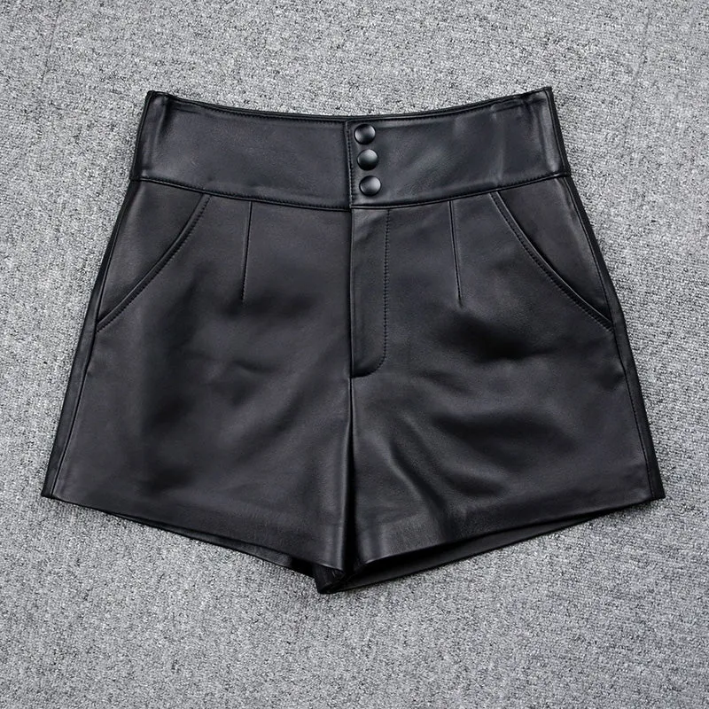 High Waist Leather Shorts Women's Genuine Sheepskin Pants Snap Three Button Design 2022 Autumn Winter New TF4794