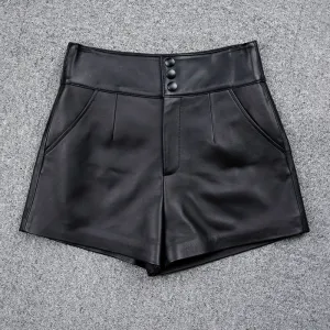 High Waist Leather Shorts Women's Genuine Sheepskin Pants Snap Three Button Design 2022 Autumn Winter New TF4794