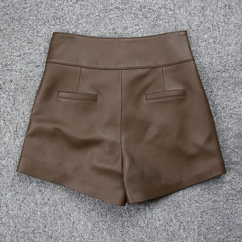 High Waist Leather Shorts Women's Genuine Sheepskin Pants Snap Three Button Design 2022 Autumn Winter New TF4794
