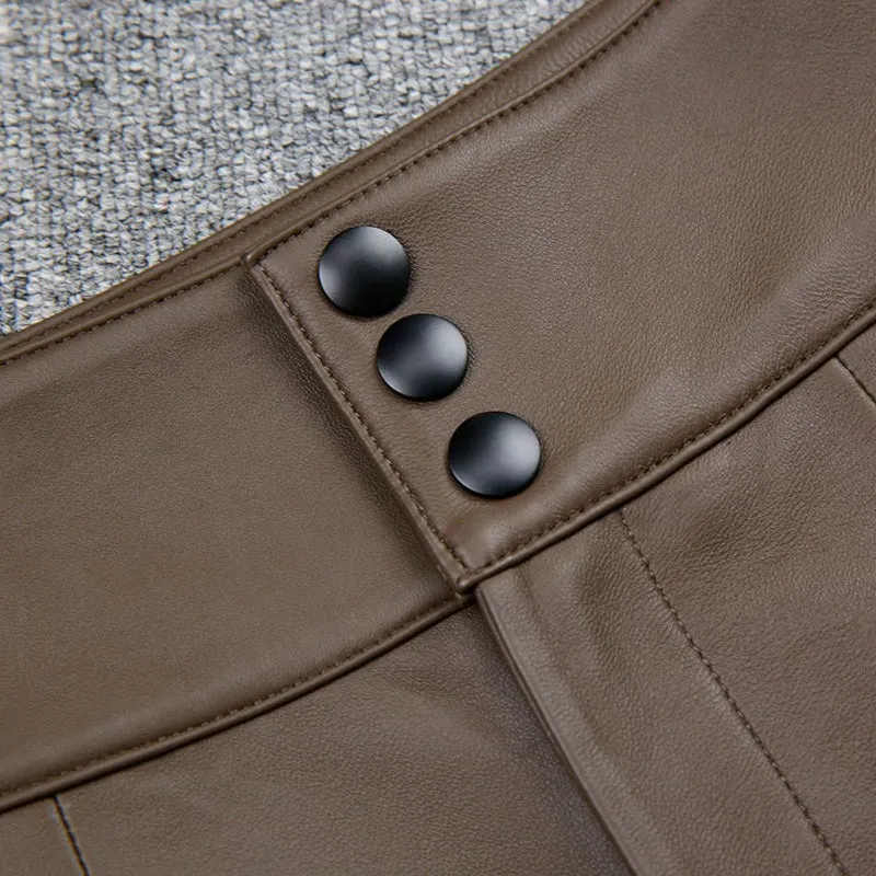 High Waist Leather Shorts Women's Genuine Sheepskin Pants Snap Three Button Design 2022 Autumn Winter New TF4794