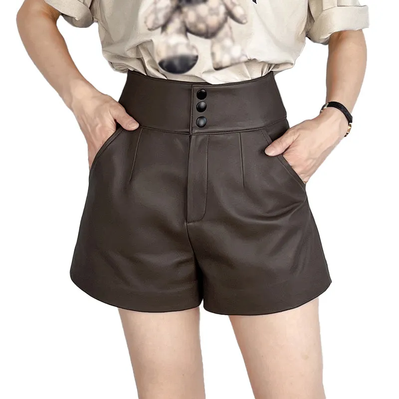 High Waist Leather Shorts Women's Genuine Sheepskin Pants Snap Three Button Design 2022 Autumn Winter New TF4794