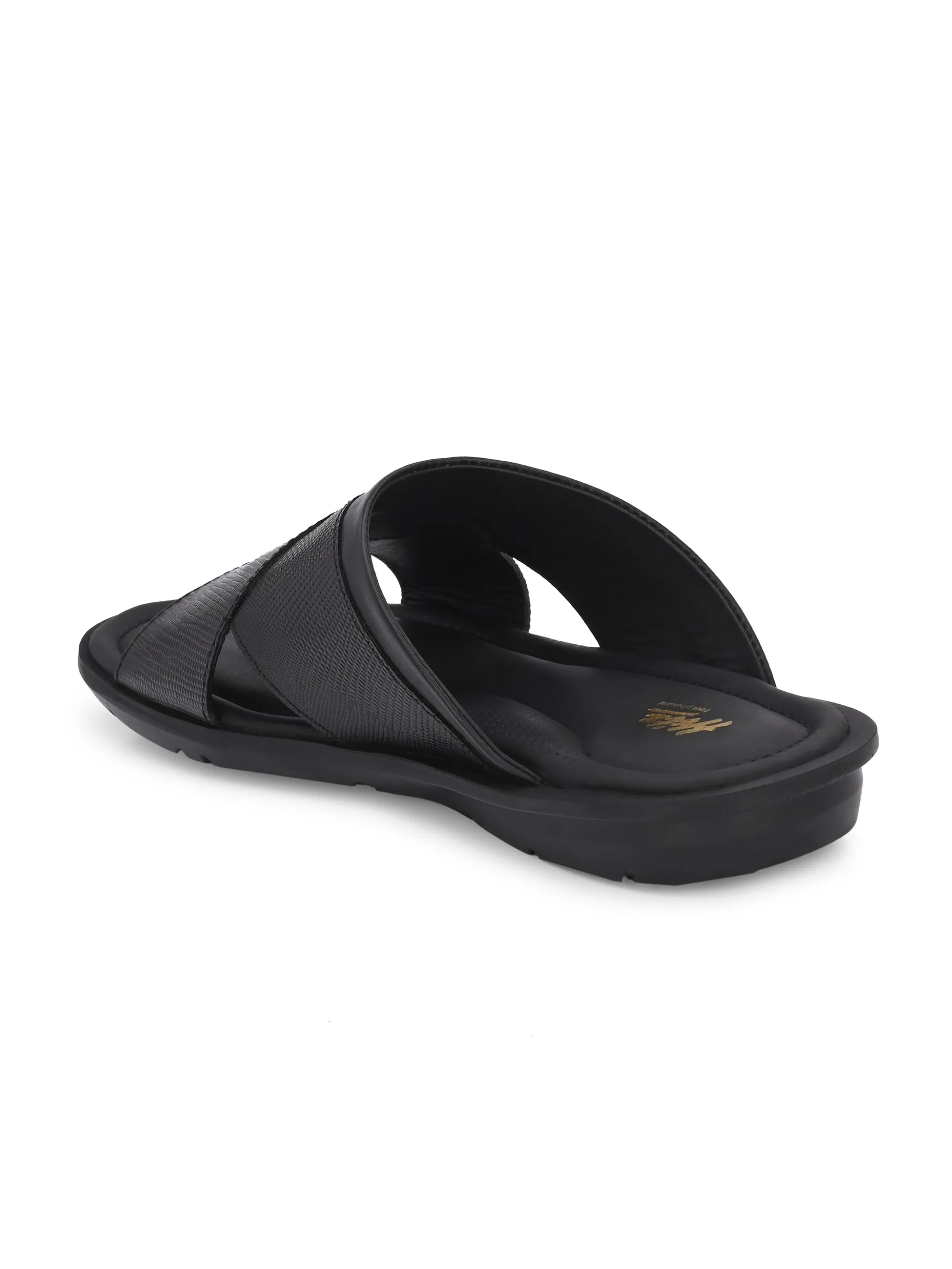 Hitz Men's Black Leather Open Toe Slippers