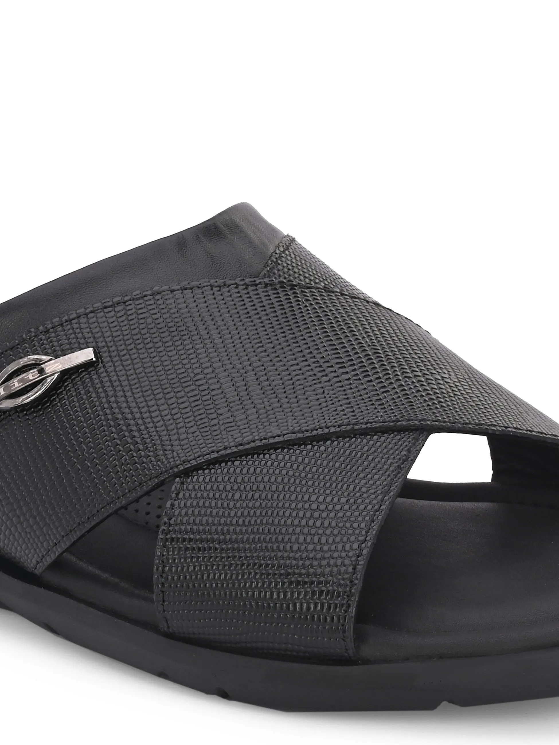 Hitz Men's Black Leather Open Toe Slippers
