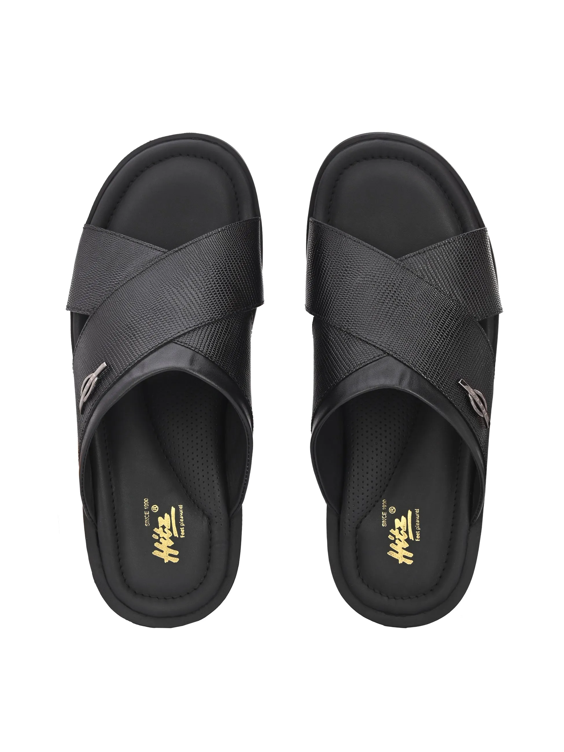 Hitz Men's Black Leather Open Toe Slippers