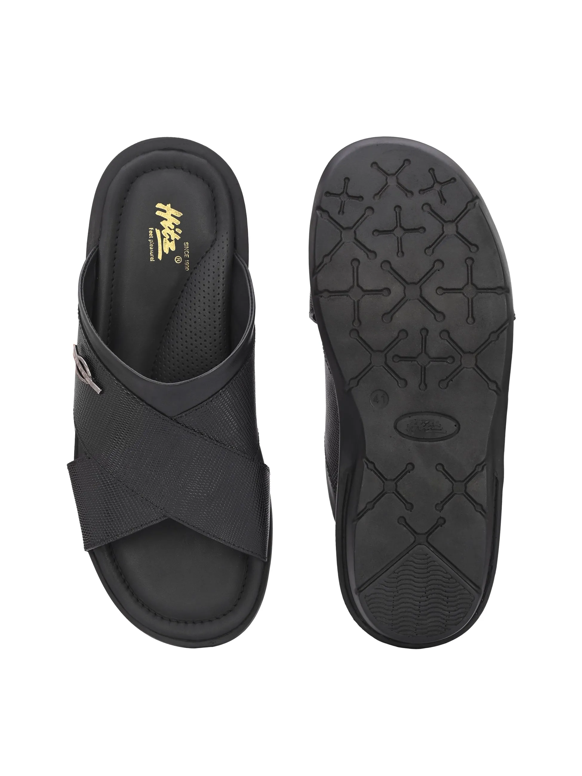 Hitz Men's Black Leather Open Toe Slippers