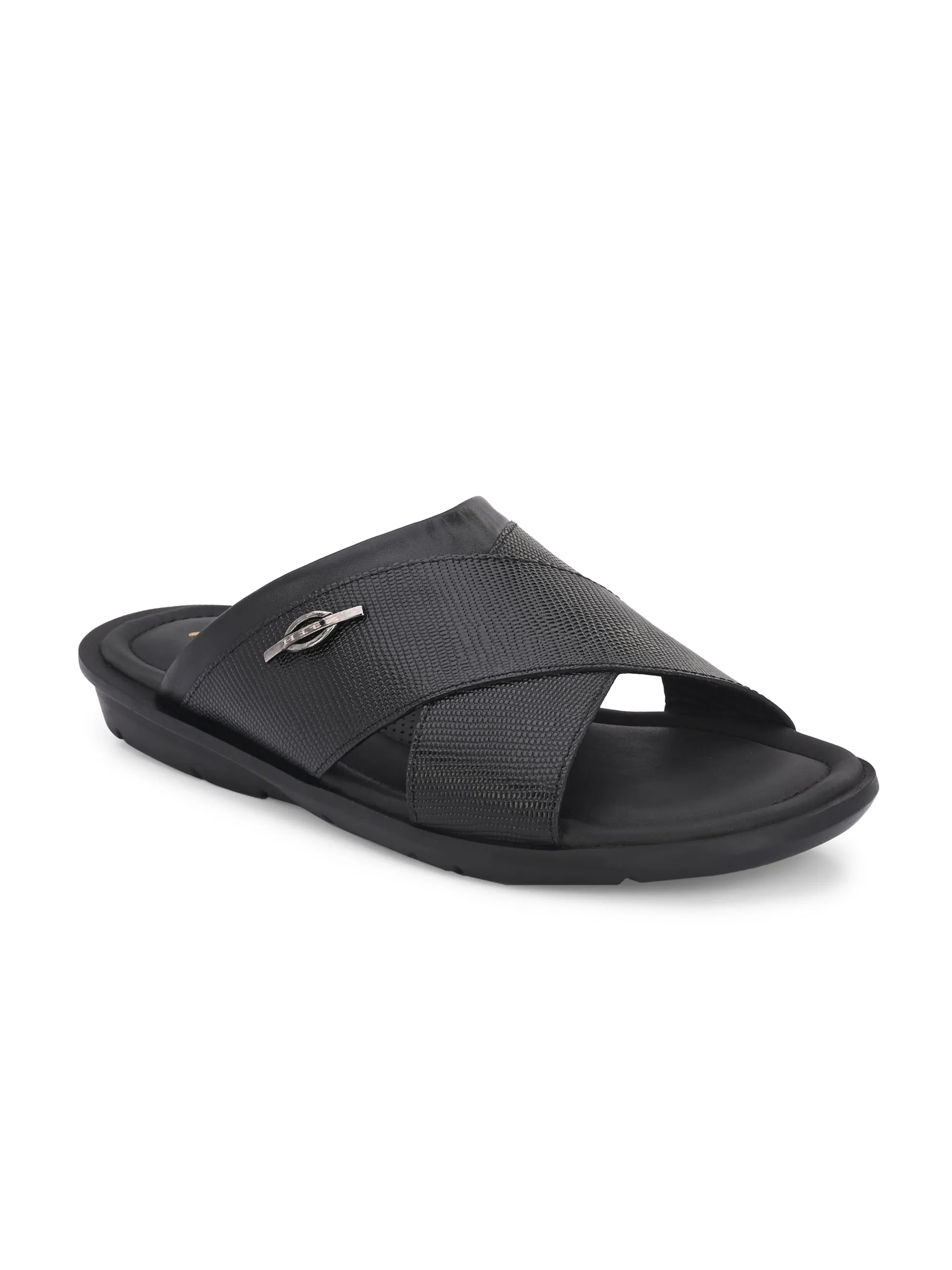 Hitz Men's Black Leather Open Toe Slippers