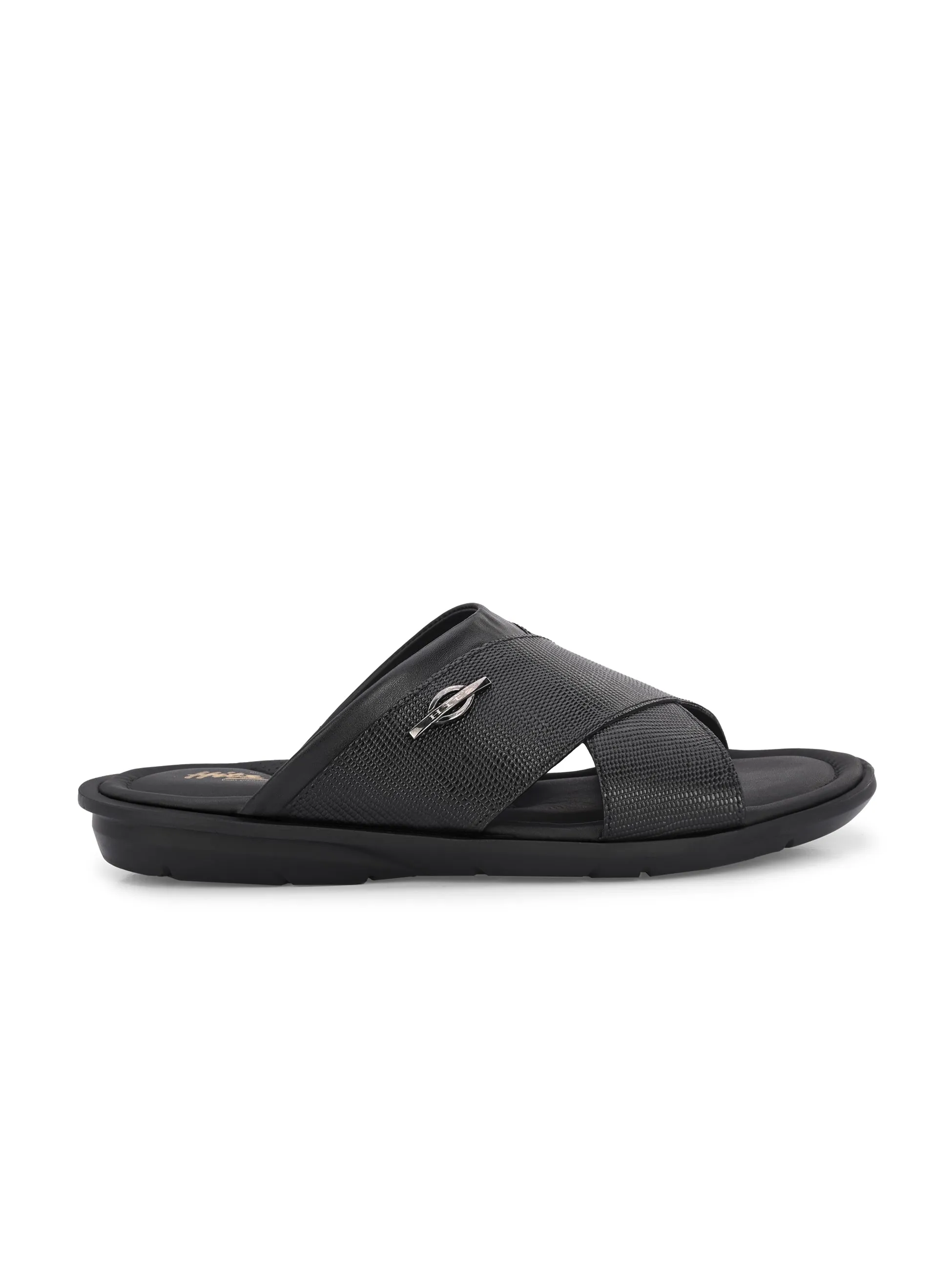 Hitz Men's Black Leather Open Toe Slippers