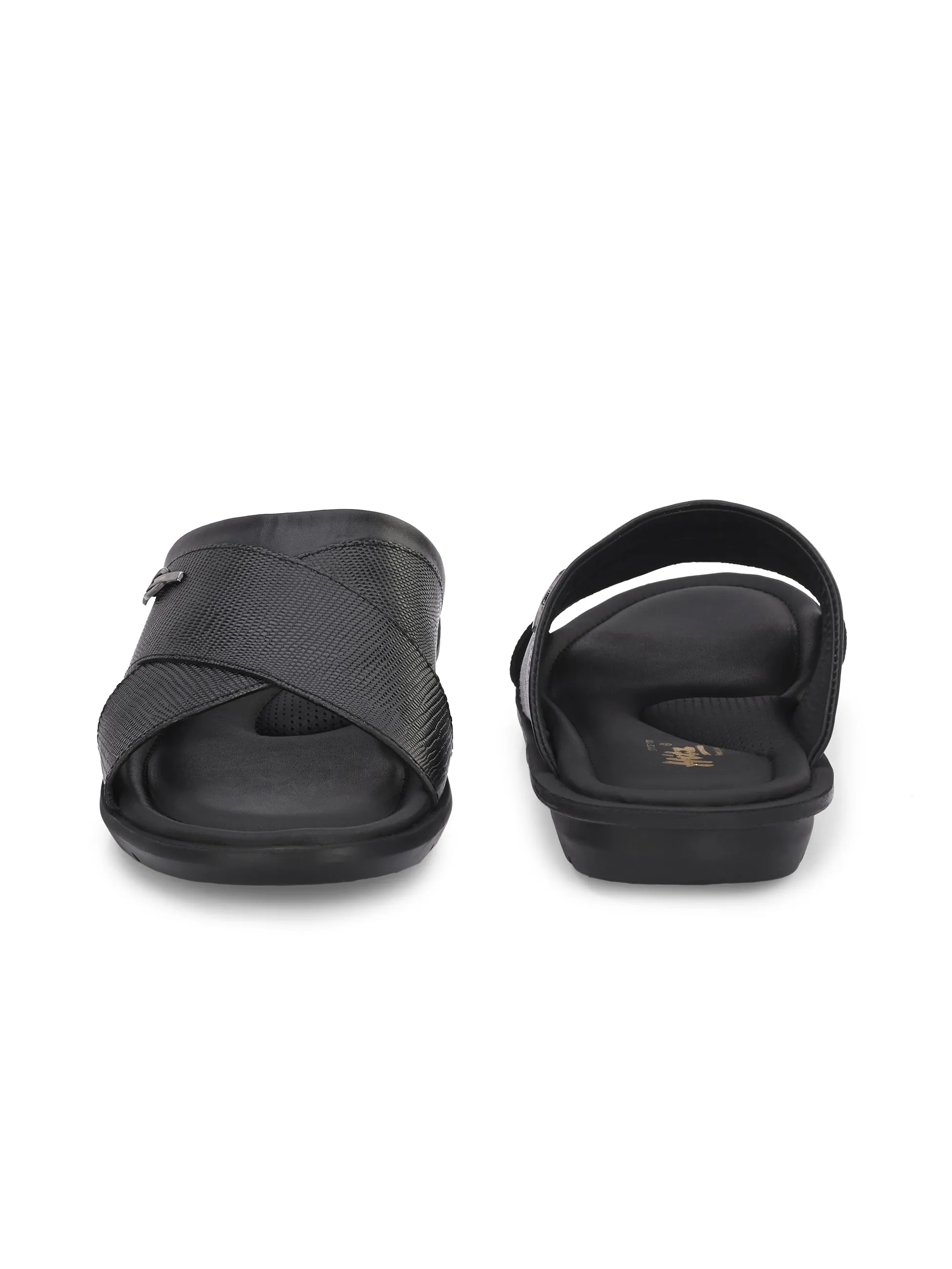 Hitz Men's Black Leather Open Toe Slippers