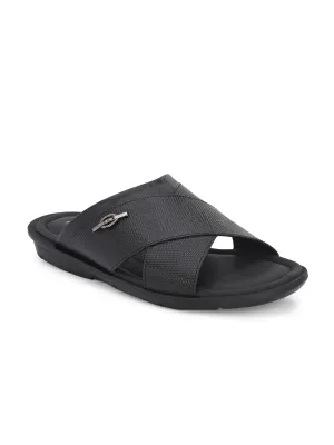 Hitz Men's Black Leather Open Toe Slippers