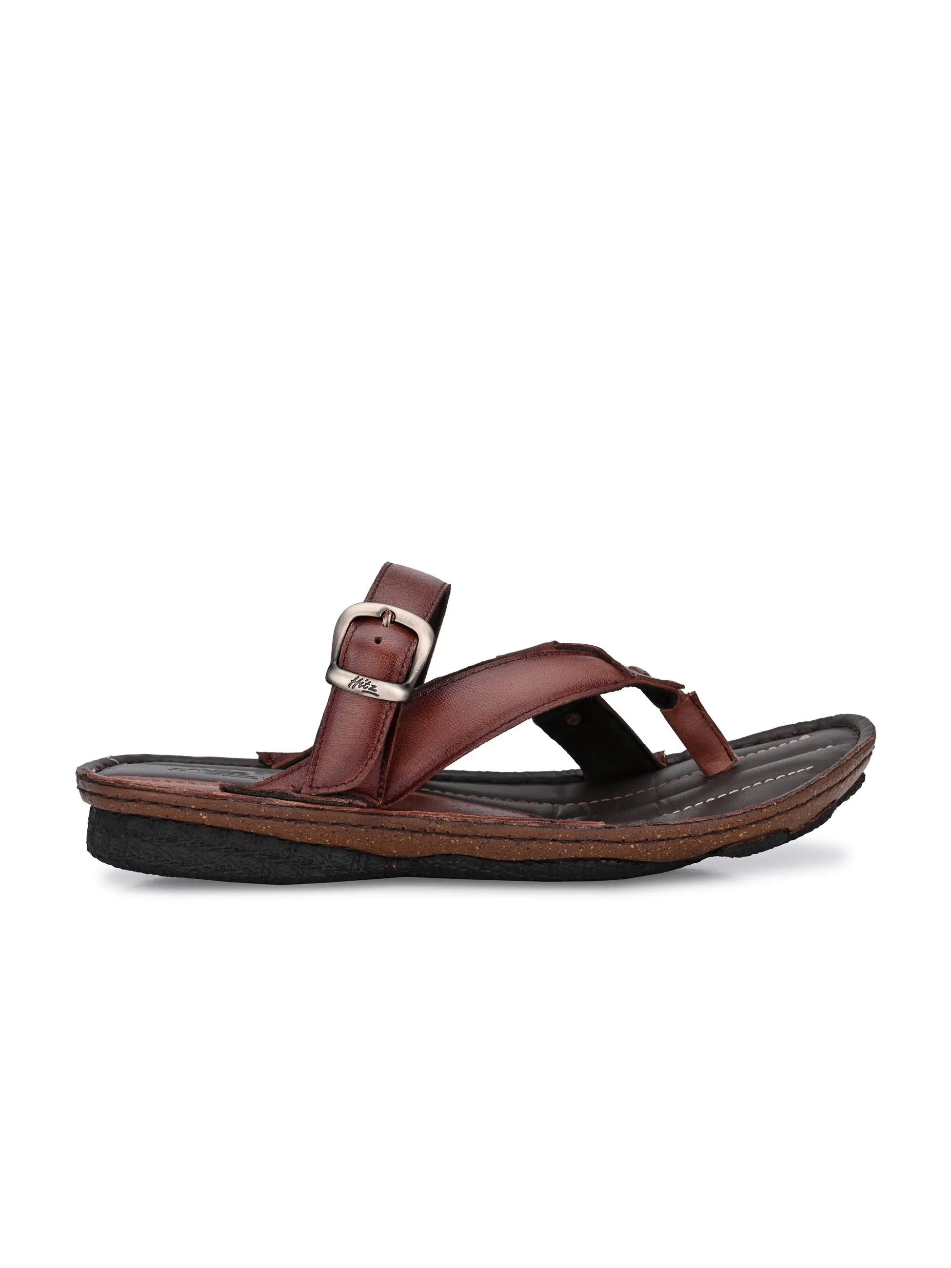 Hitz Men's Brown Leather Open Toe Slippers