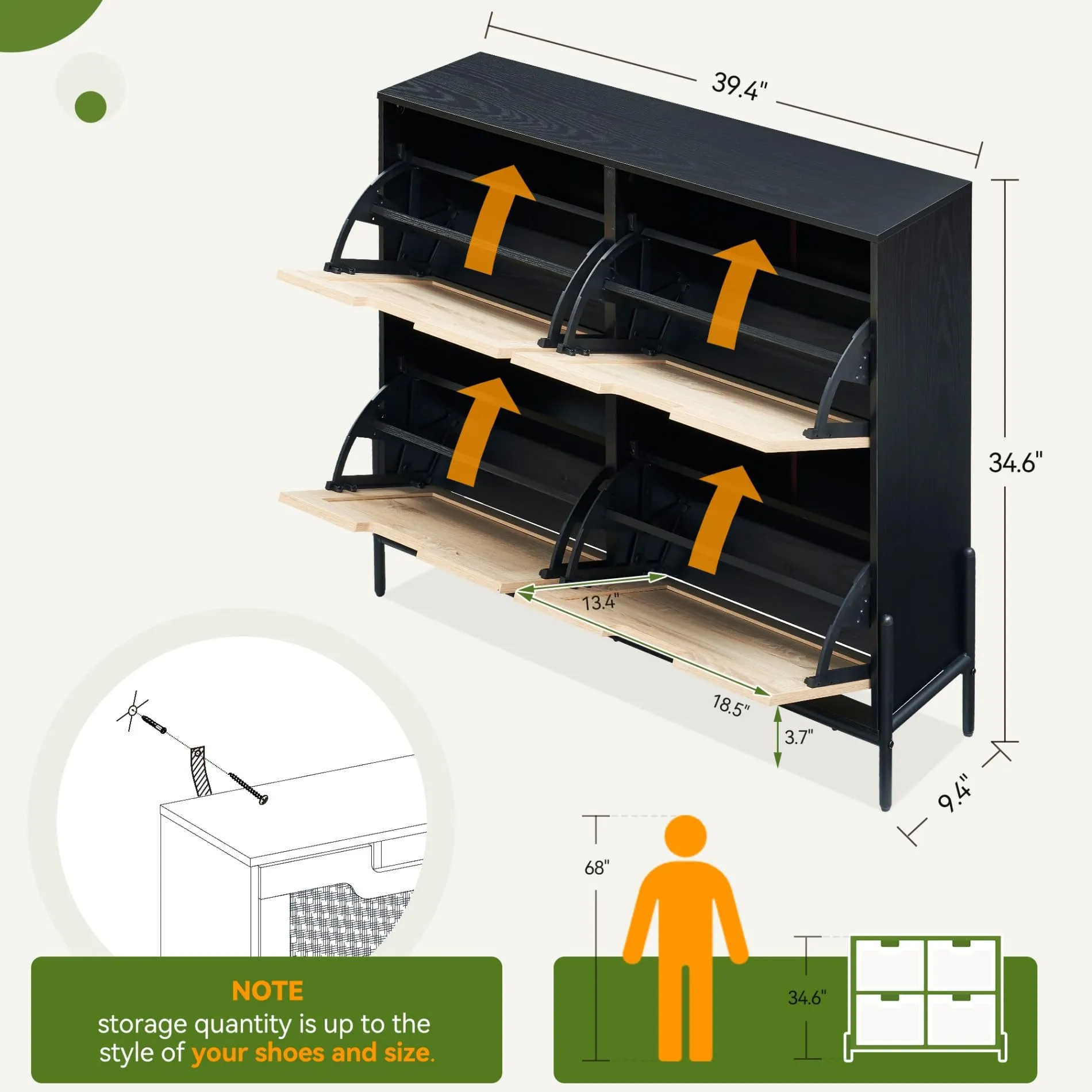 IDEALHOUSE Natural Rattan 4 Flip Door Shoe Cabinet Organizer Freestanding, Shoe Rack Storage Cabinet for Entryway with 3-Tier Adjustable Shelves for Slippers, Sneakers, Heels, Boots