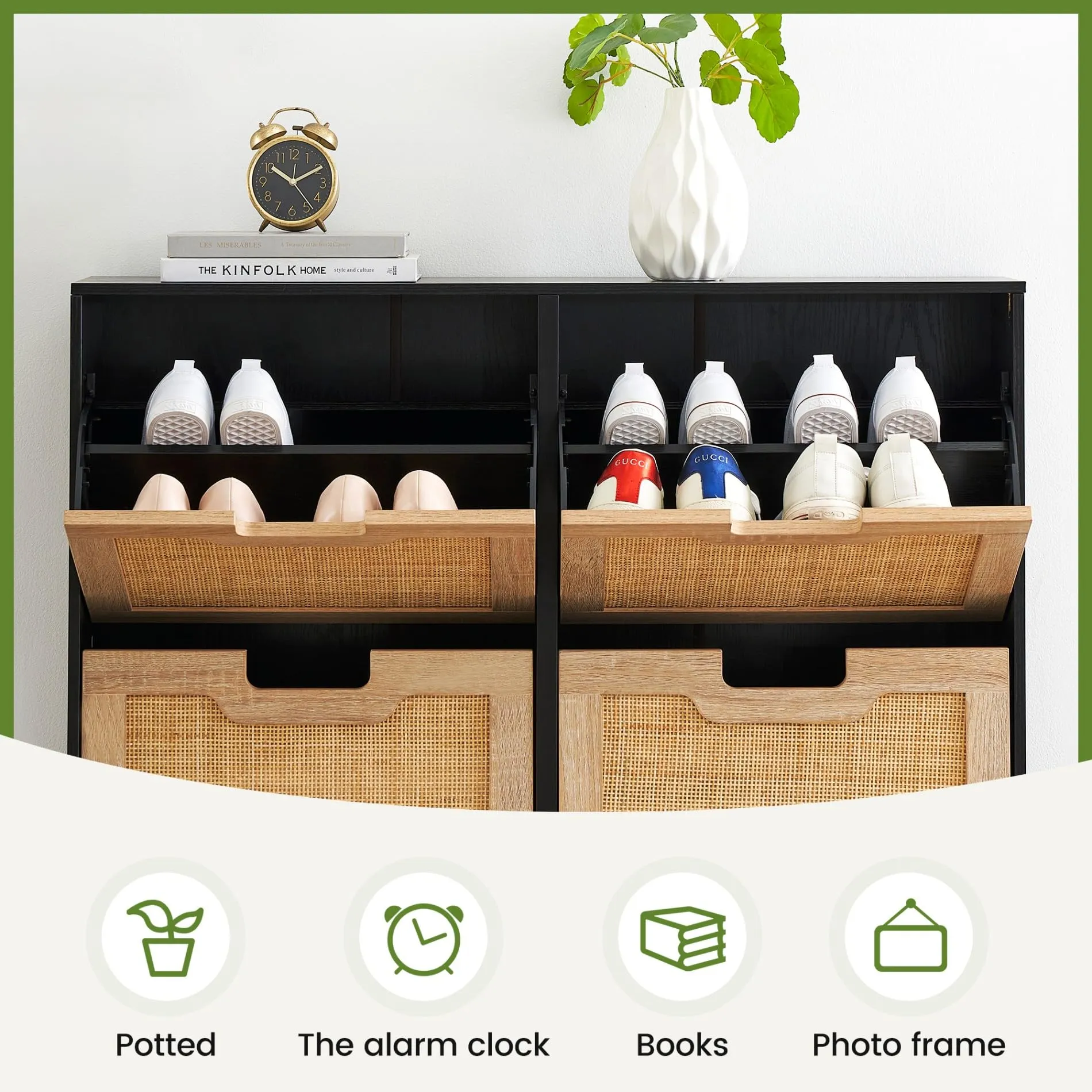 IDEALHOUSE Natural Rattan 4 Flip Door Shoe Cabinet Organizer Freestanding, Shoe Rack Storage Cabinet for Entryway with 3-Tier Adjustable Shelves for Slippers, Sneakers, Heels, Boots