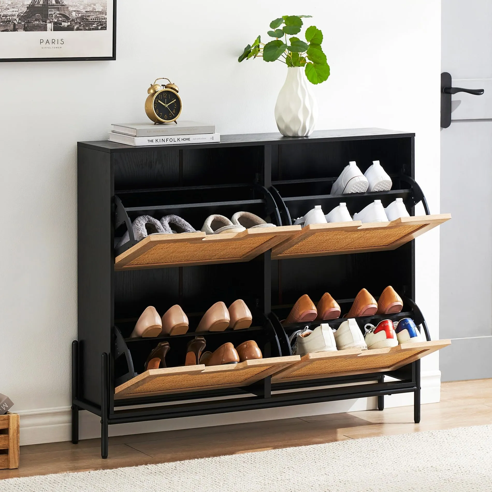 IDEALHOUSE Natural Rattan 4 Flip Door Shoe Cabinet Organizer Freestanding, Shoe Rack Storage Cabinet for Entryway with 3-Tier Adjustable Shelves for Slippers, Sneakers, Heels, Boots