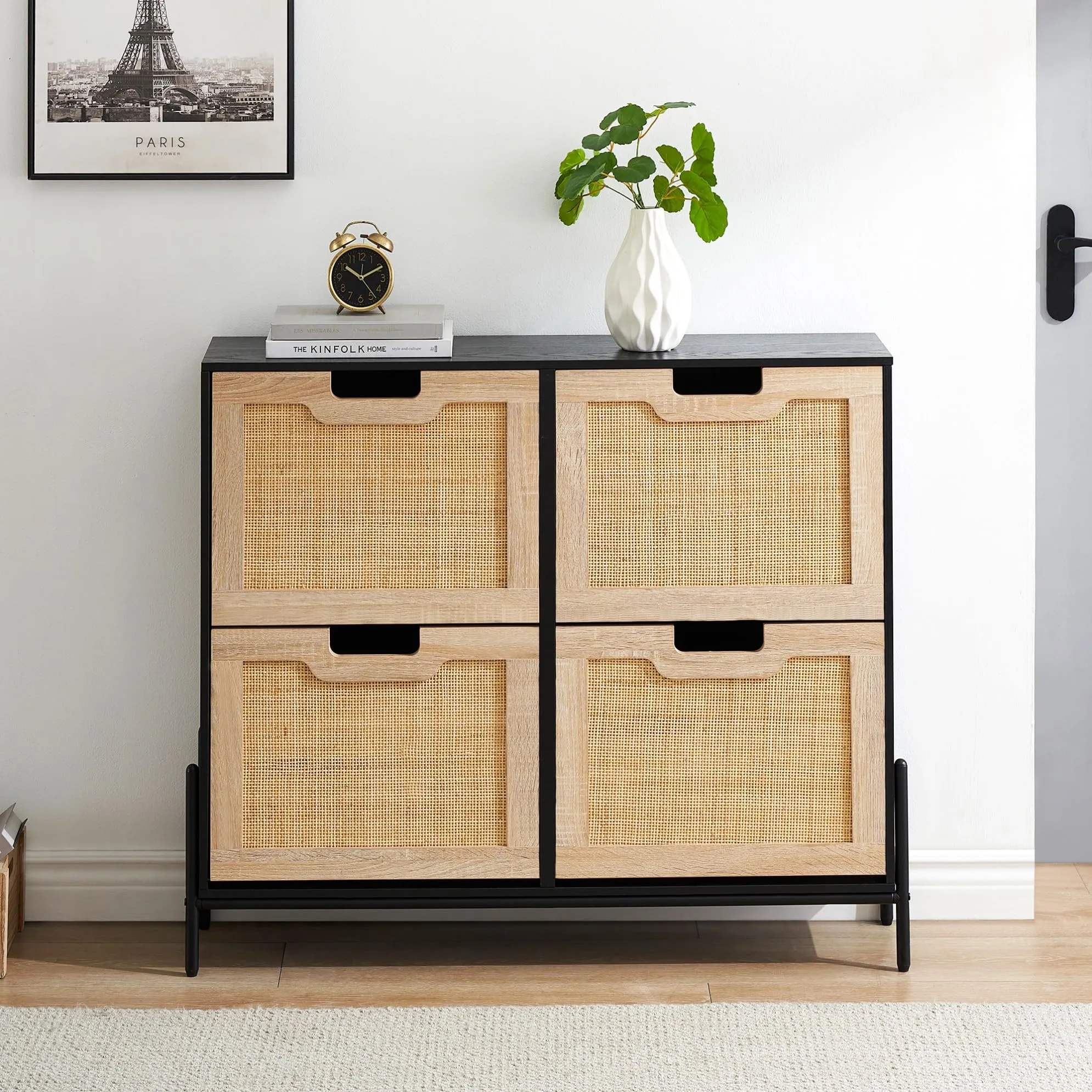IDEALHOUSE Natural Rattan 4 Flip Door Shoe Cabinet Organizer Freestanding, Shoe Rack Storage Cabinet for Entryway with 3-Tier Adjustable Shelves for Slippers, Sneakers, Heels, Boots