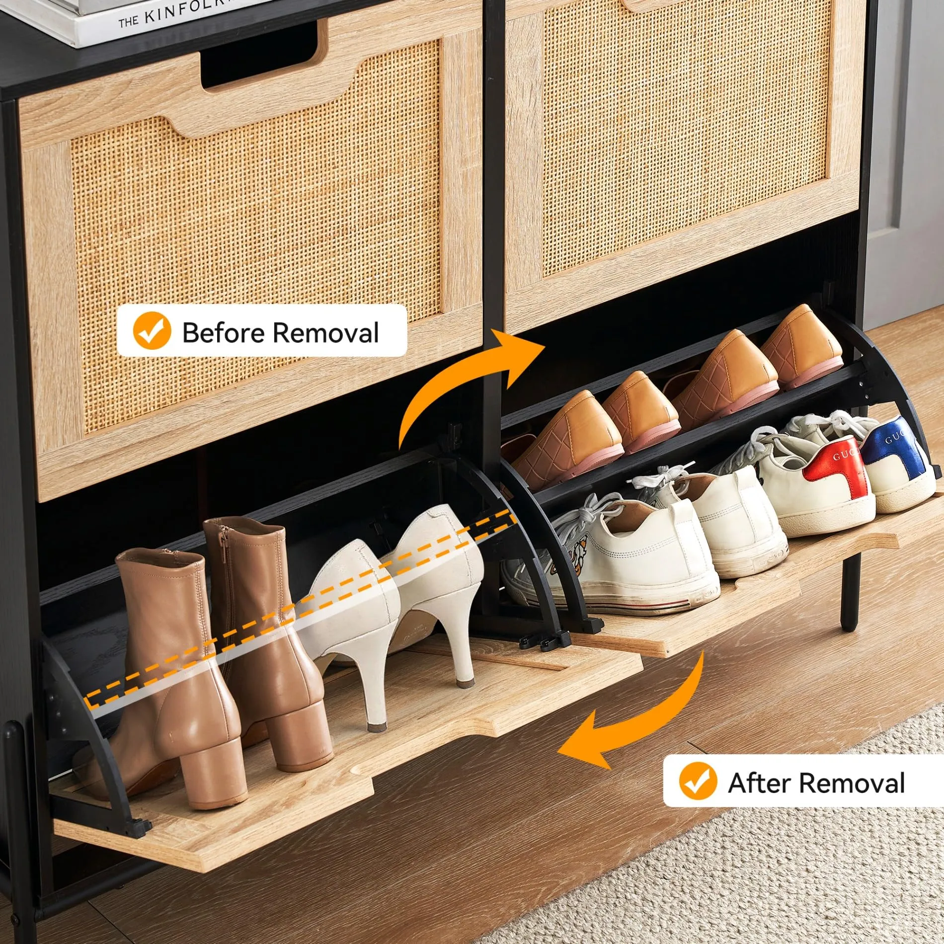 IDEALHOUSE Natural Rattan 4 Flip Door Shoe Cabinet Organizer Freestanding, Shoe Rack Storage Cabinet for Entryway with 3-Tier Adjustable Shelves for Slippers, Sneakers, Heels, Boots