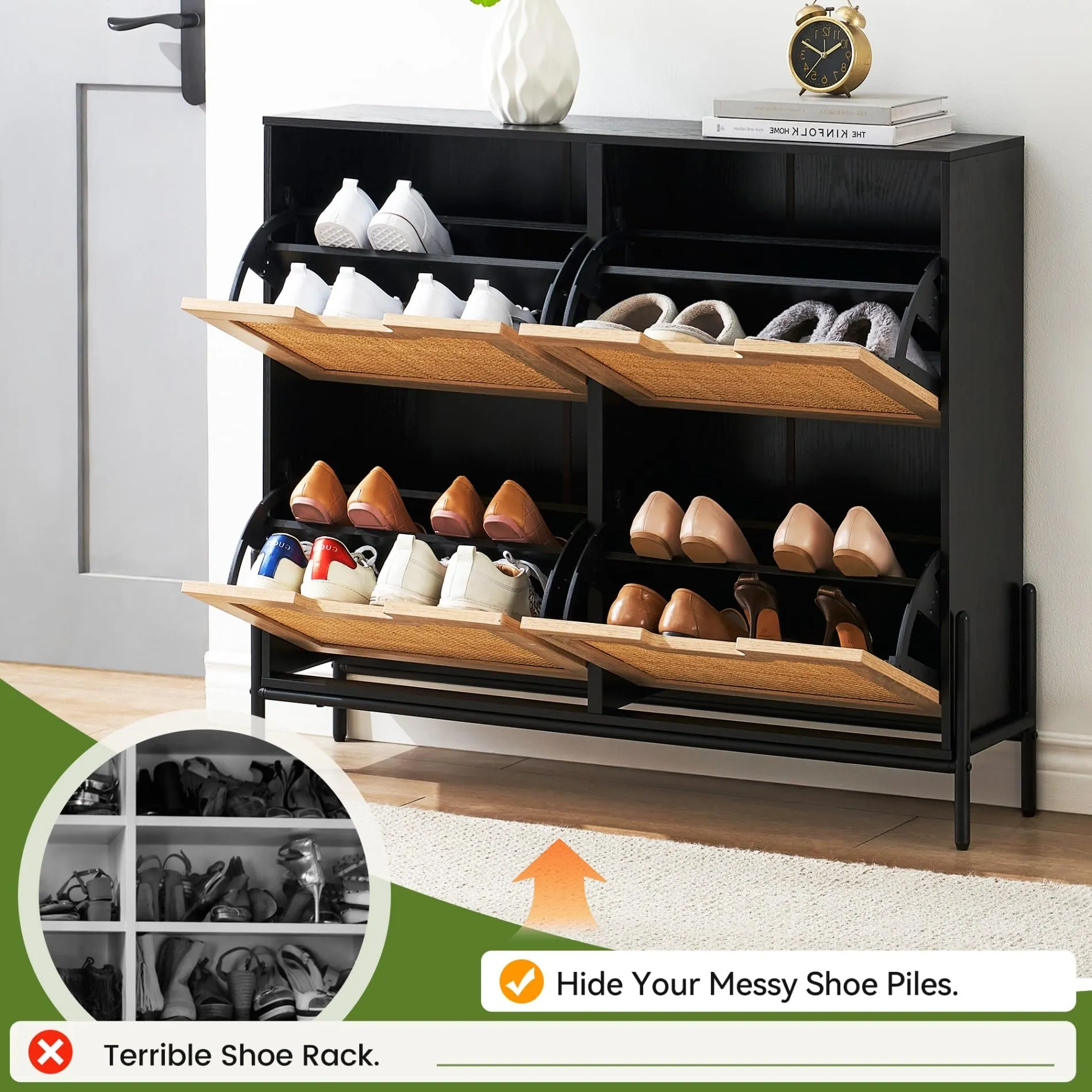 IDEALHOUSE Natural Rattan 4 Flip Door Shoe Cabinet Organizer Freestanding, Shoe Rack Storage Cabinet for Entryway with 3-Tier Adjustable Shelves for Slippers, Sneakers, Heels, Boots