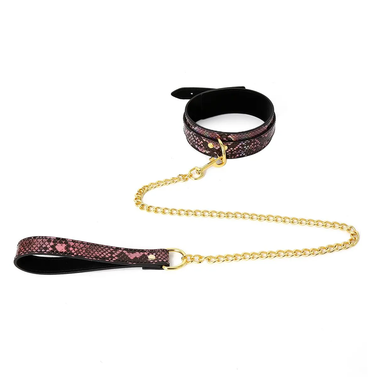 Kiotos Leather - Collar En Leiband Met Reptielenprint - Goud/Roze - veganistisch vriendelijk