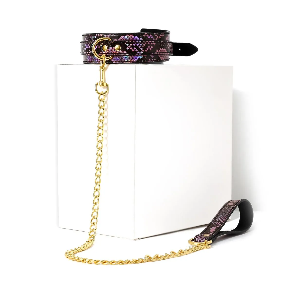 Kiotos Leather - Collar En Leiband Met Reptielenprint - Goud/Roze - veganistisch vriendelijk