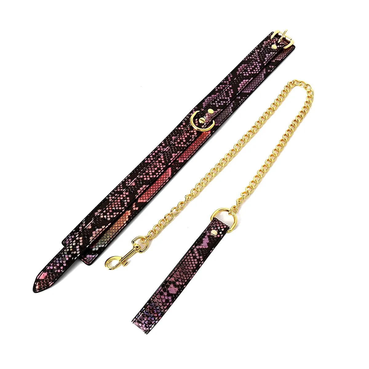 Kiotos Leather - Collar En Leiband Met Reptielenprint - Goud/Roze - veganistisch vriendelijk