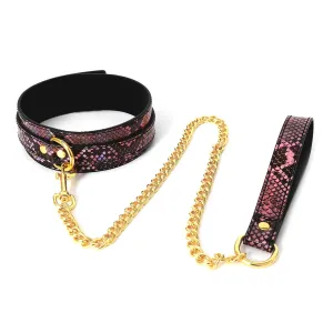 Kiotos Leather - Collar En Leiband Met Reptielenprint - Goud/Roze - veganistisch vriendelijk