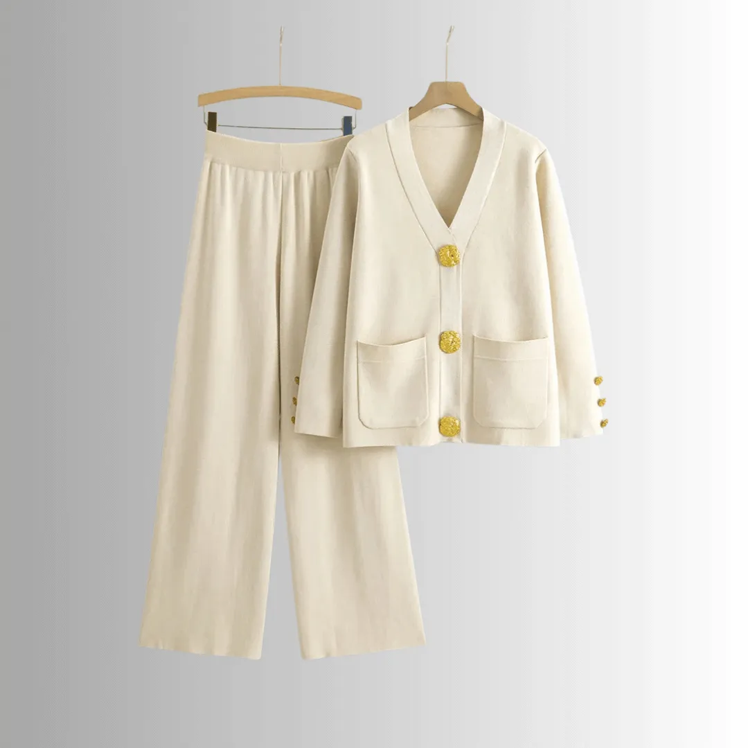 Knit Lounge Set | Two-Piece | Gold Button Detail