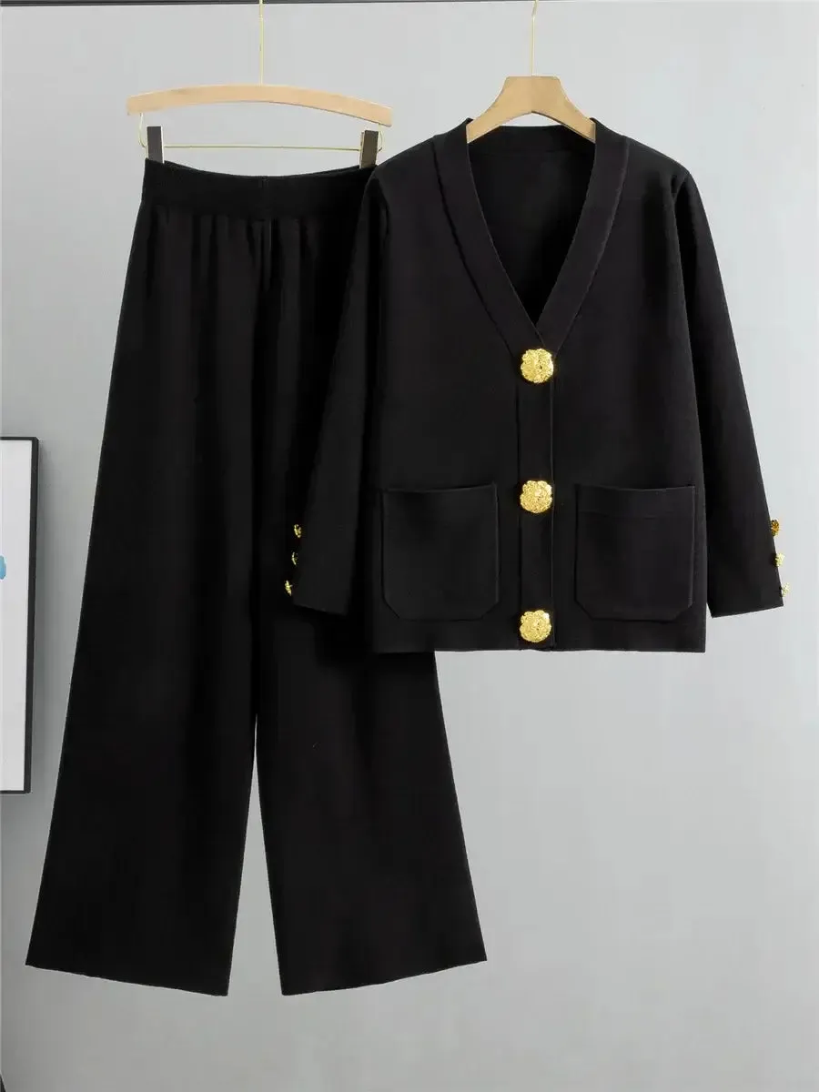 Knit Lounge Set | Two-Piece | Gold Button Detail