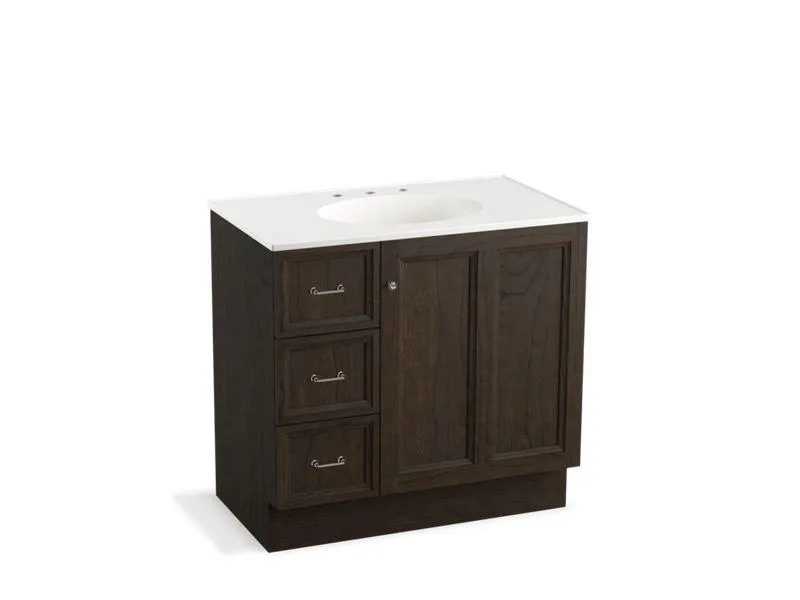 KOHLER K-99520-TKL-1WA Damask 36" bathroom vanity cabinet with toe kick, 1 door and 3 drawers on left