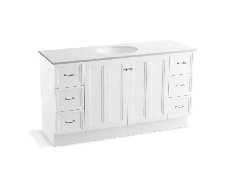 KOHLER K-99523-TKSD-1WA Damask 60" bathroom vanity cabinet with toe kick, 2 doors and 6 drawers, split top drawers